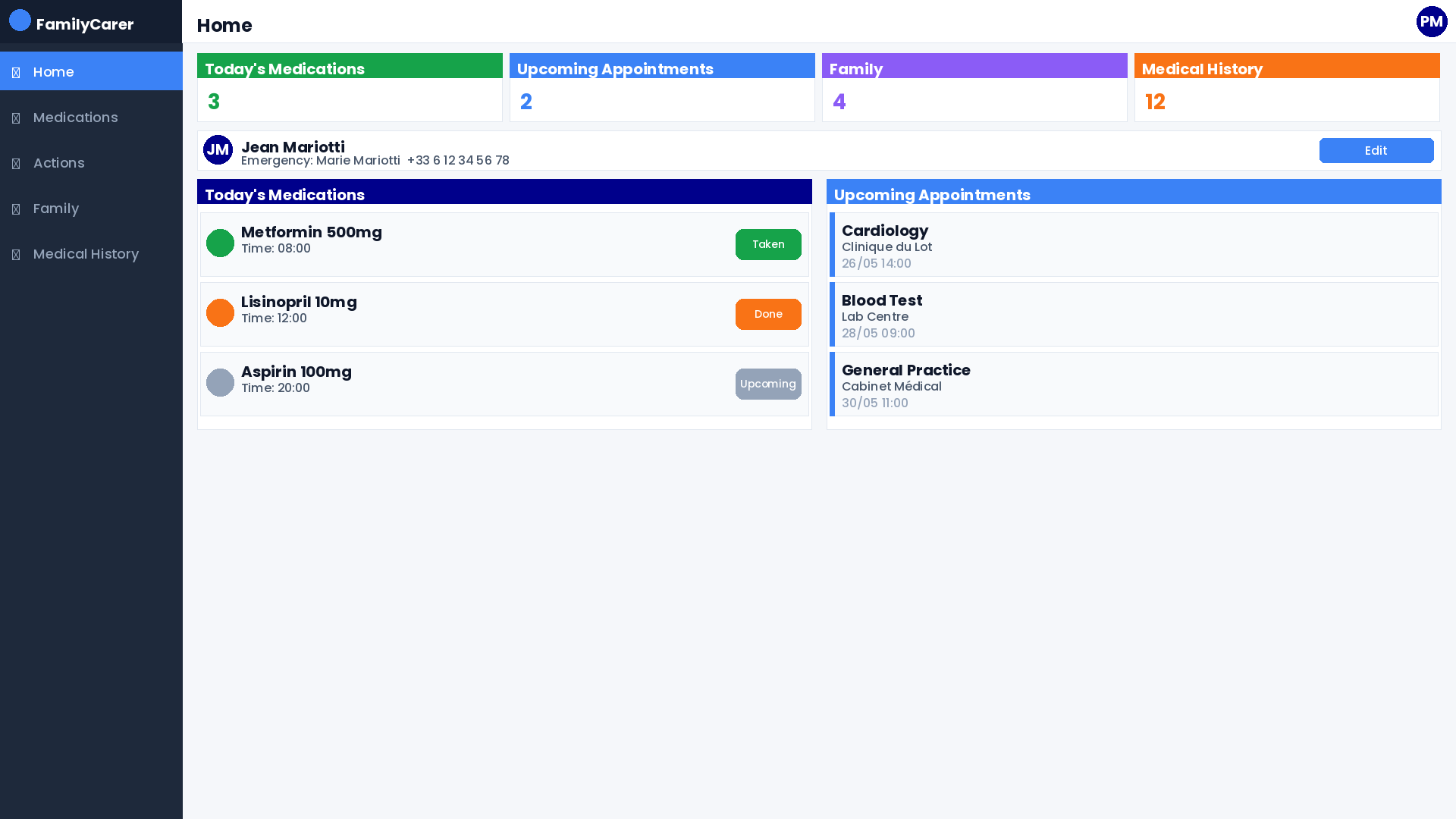 FamilyCarer Pro on Windows — dashboard