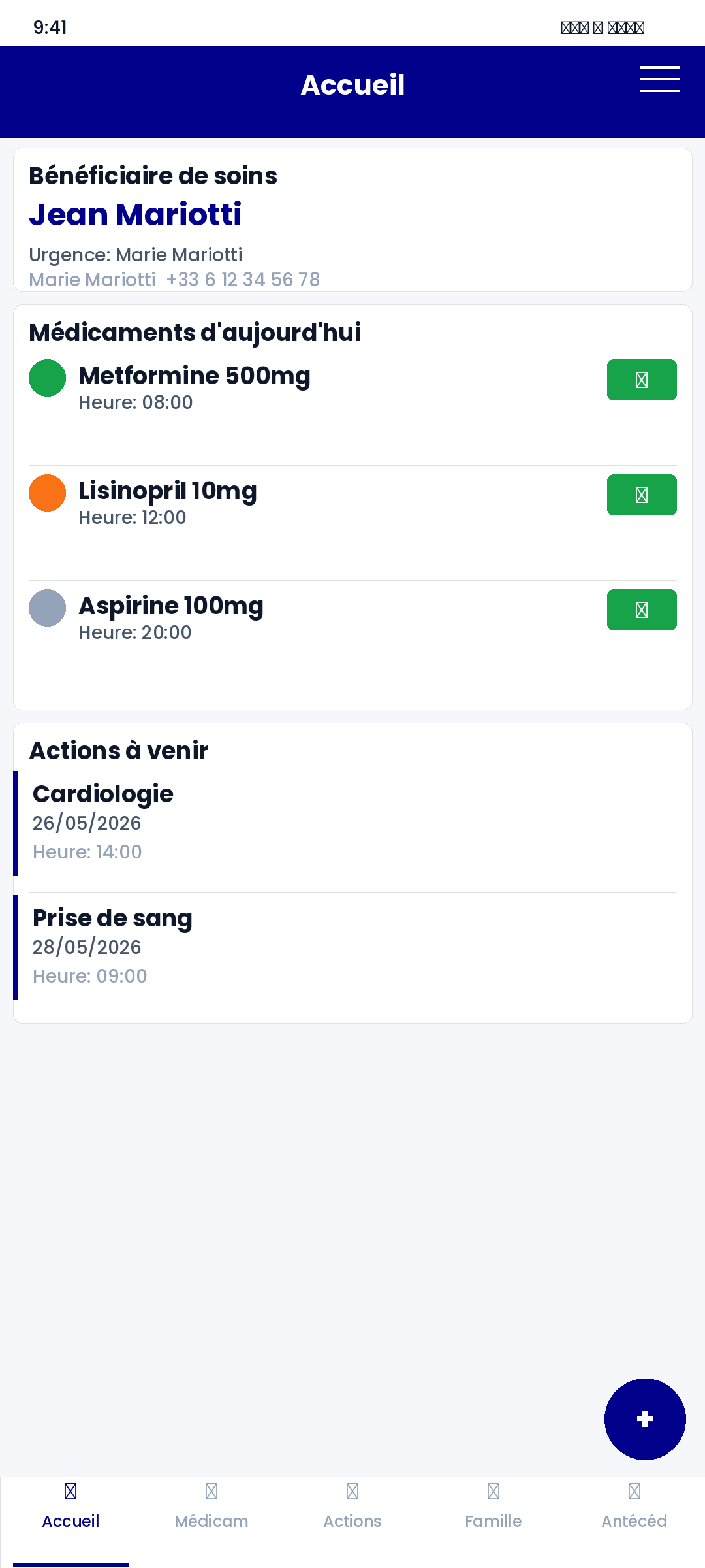 FamilyCarer sur Android — écran d'accueil