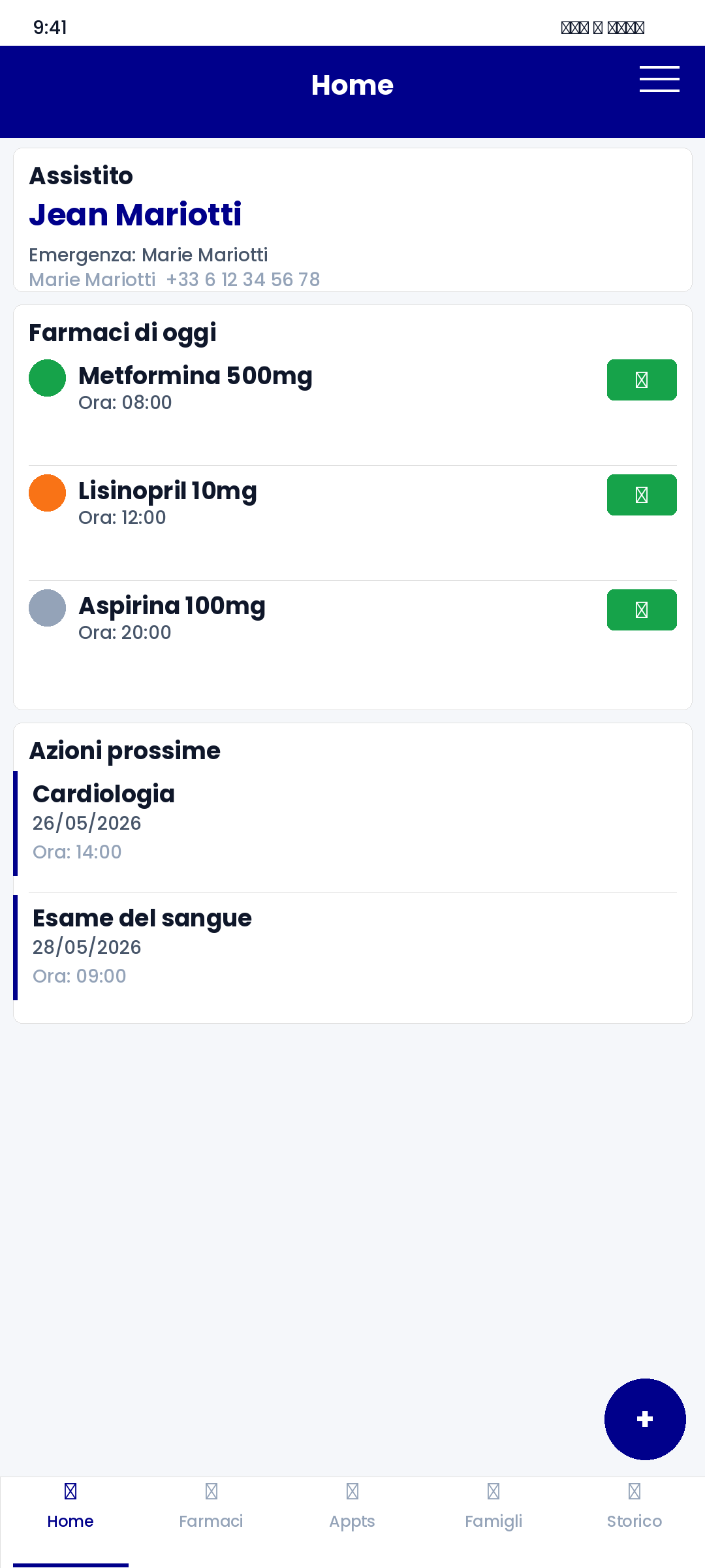 FamilyCarer Pro su Android — schermata Home